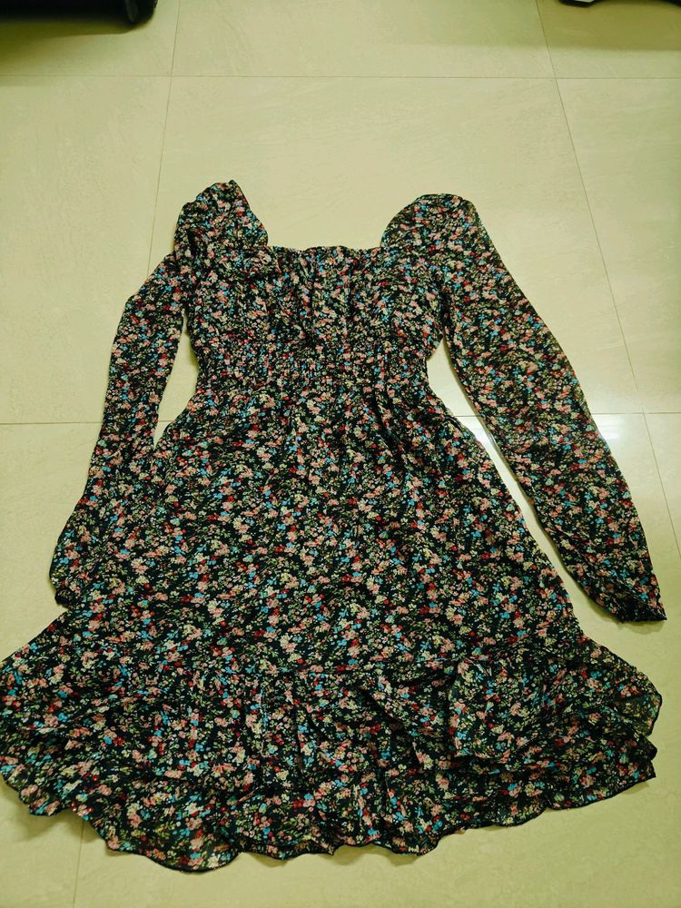 Flower Printed Chiffon Single Piece Dress