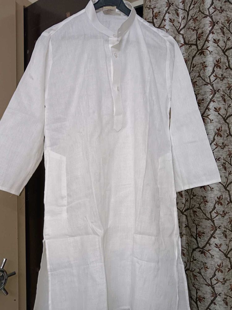 White New Cotton Linen Kurta