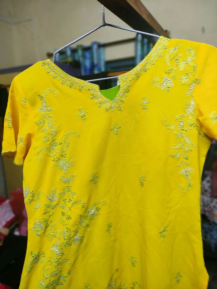 Yellow green embroidery kurta