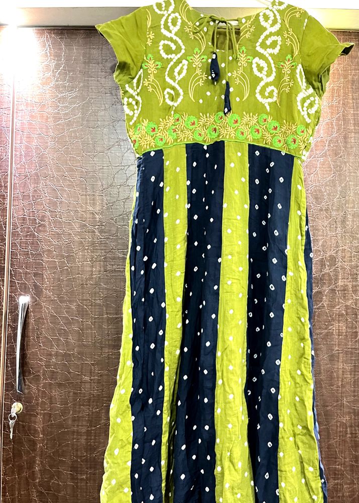 Pure Bandhani Flared Kurta With Hand Embroidery