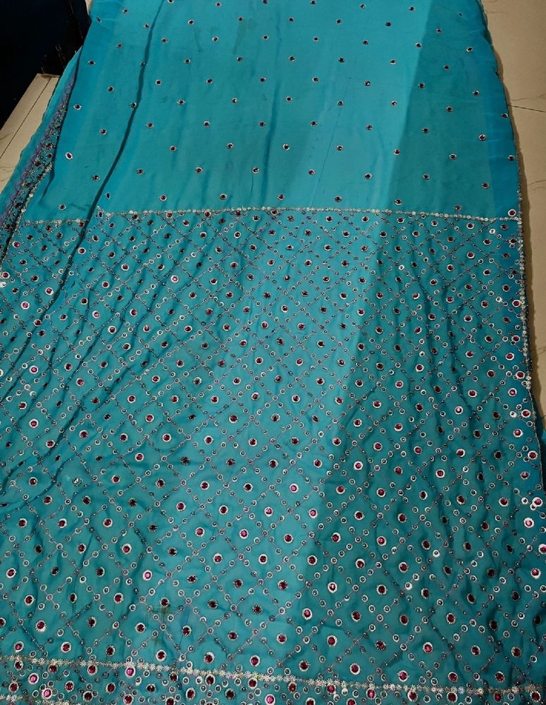 Neww Teal Blue Stones Emblished Saree