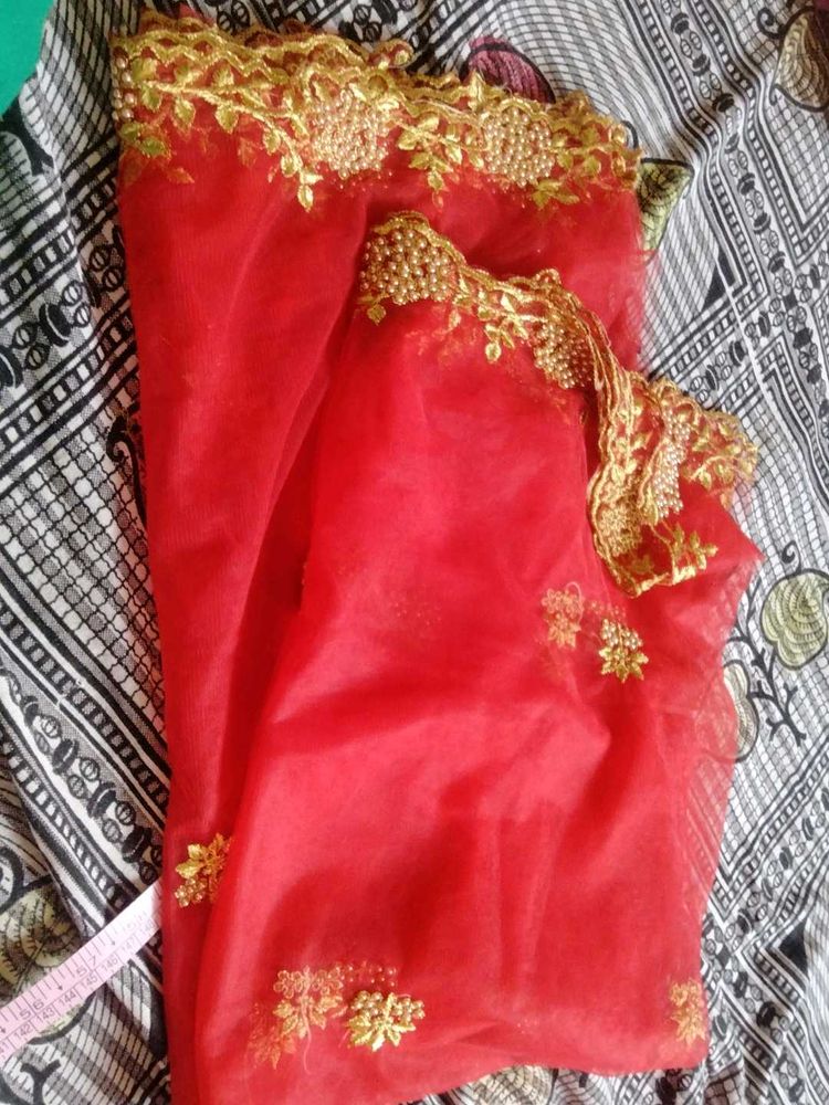 New Red Duppata With Gold Embroidery And Cut Work