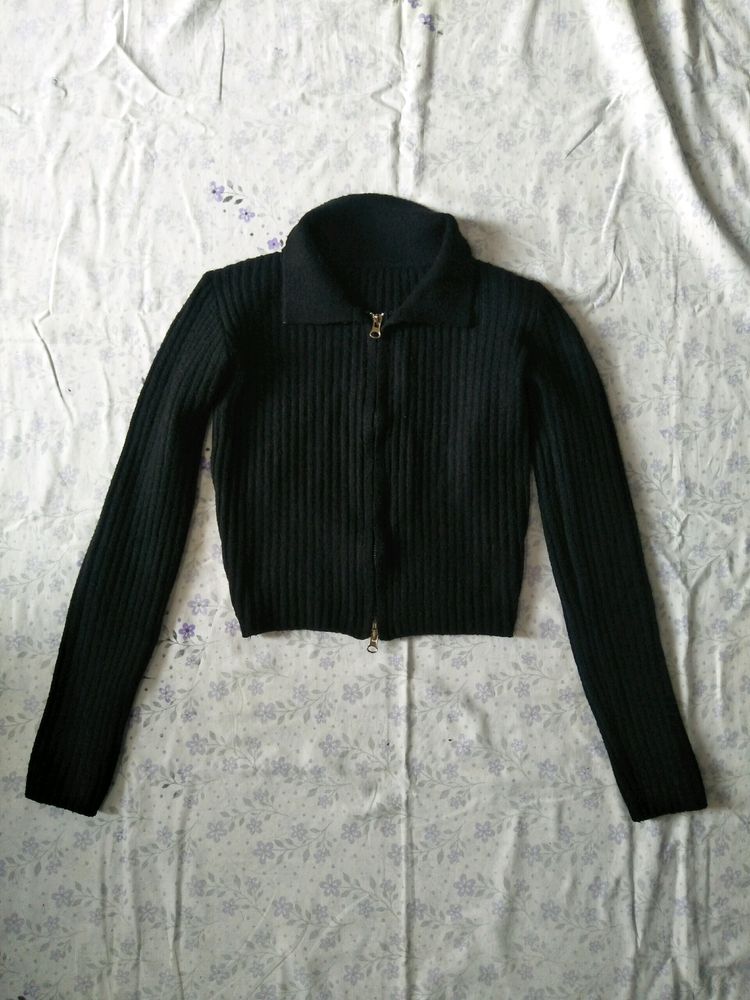 Black Rib-Knit Double Zipper Cardigan