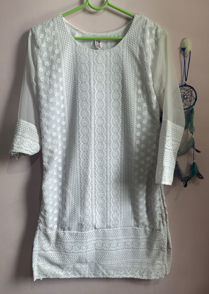 Chikan kari white short kurti