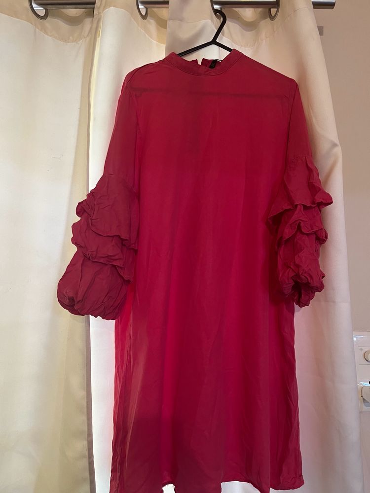 Dark Pink Ruffled Sleeve Short Dress