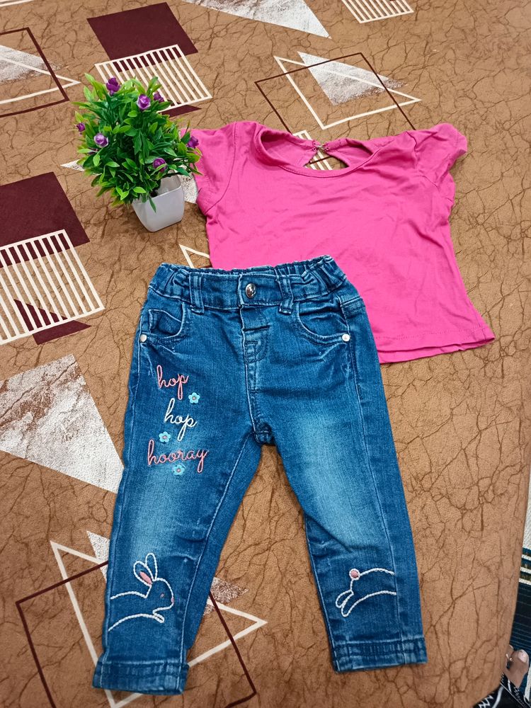 Jeans With Top For Babygirl Size 9-12