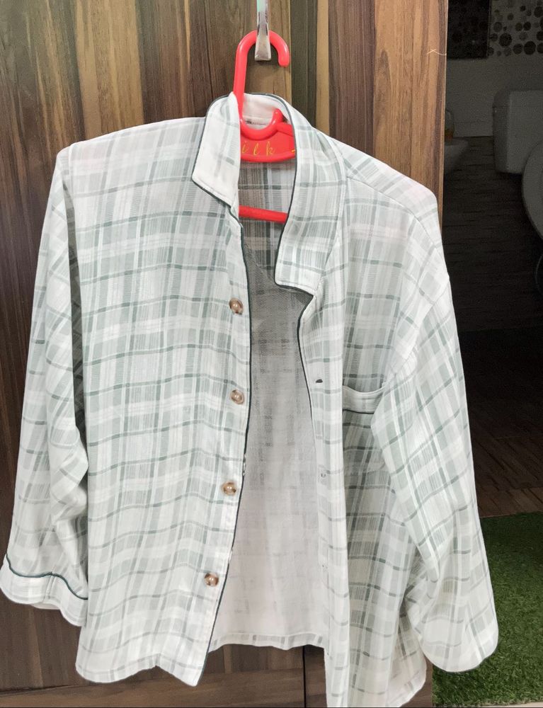 New Oversized White And Green Check Shirt