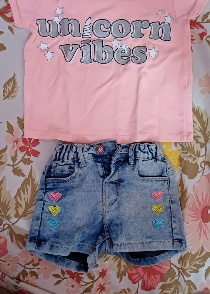 Blue Short And Peach Tshirt Set