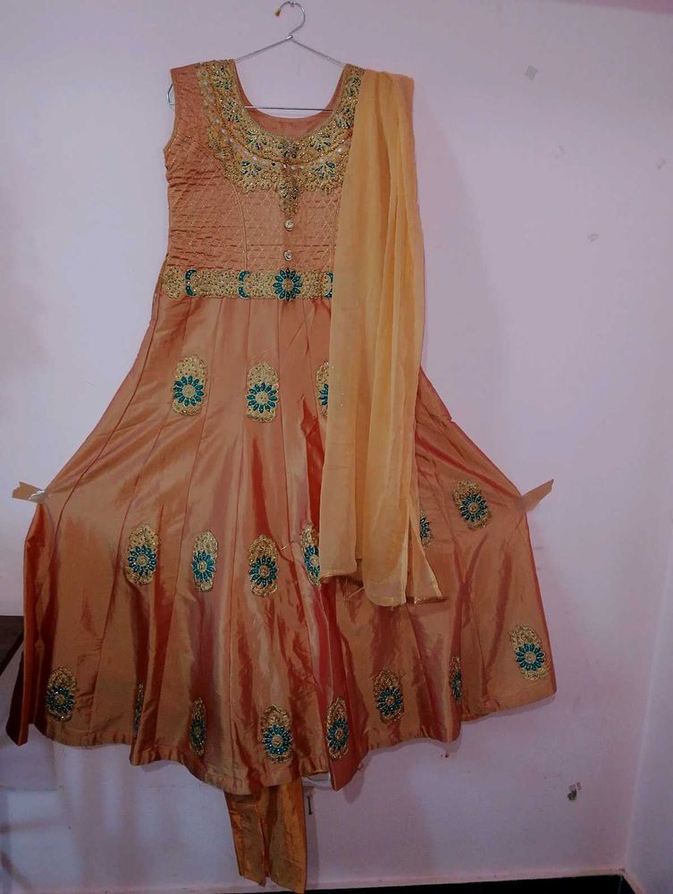 Gold embroidery Anarkali set with pant & Dupatta