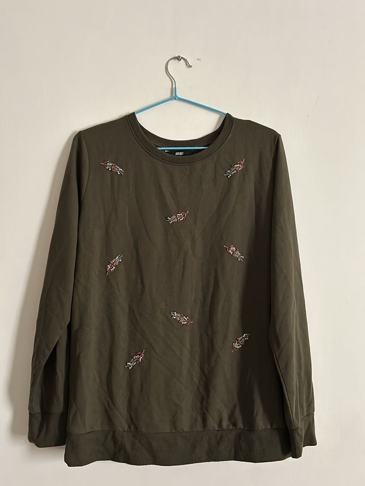 Beaded Detail Olive Green Sweatshirt