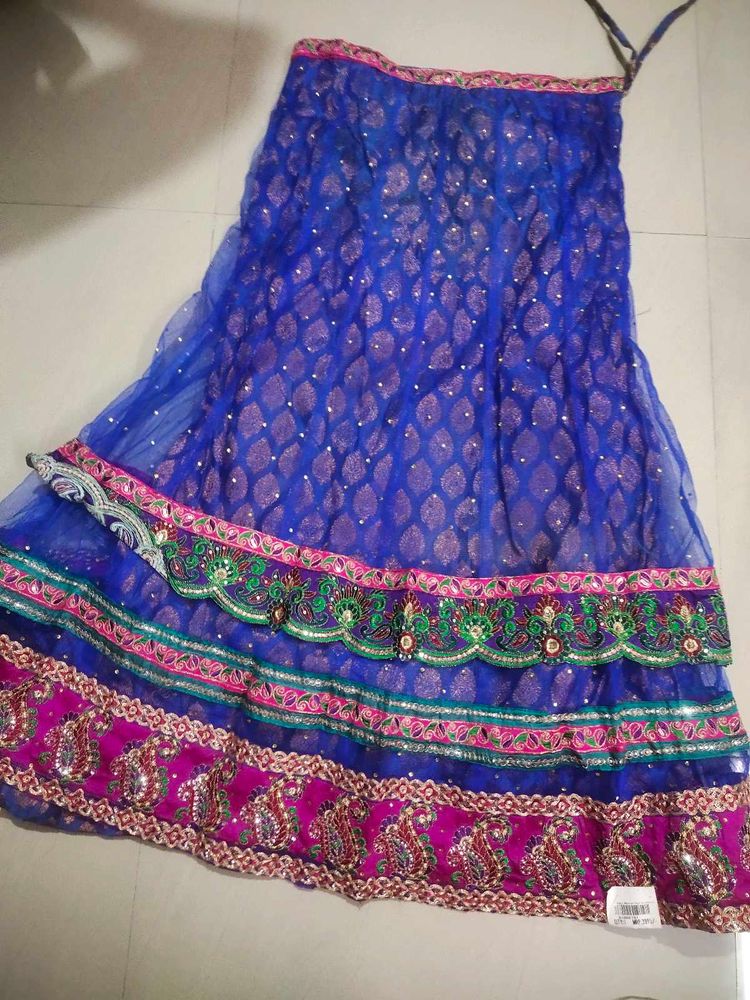 Embroidered Blue Silk Blend Ethnic Skirt