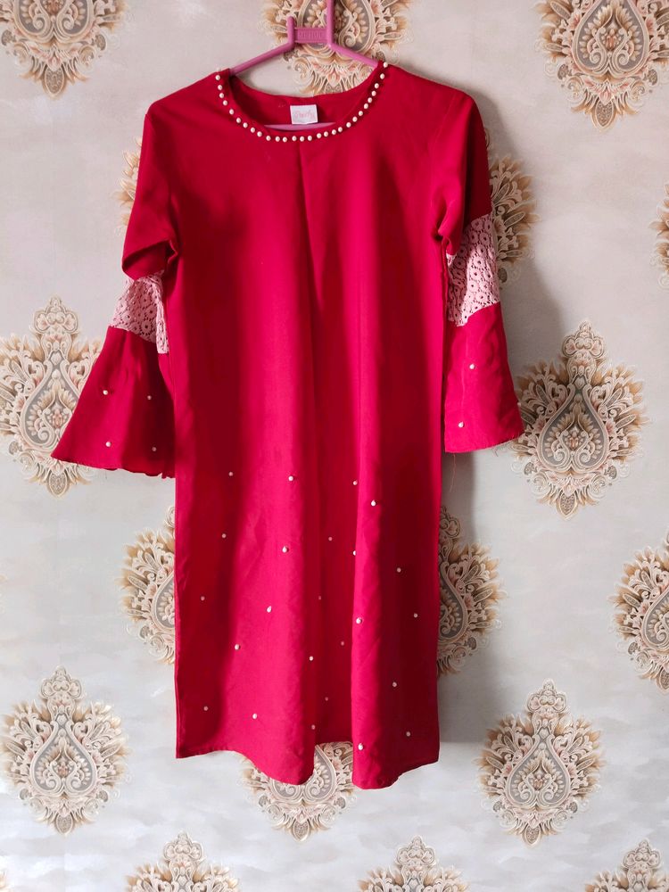 Read Peachy A Line Pearl Bead Kurti.