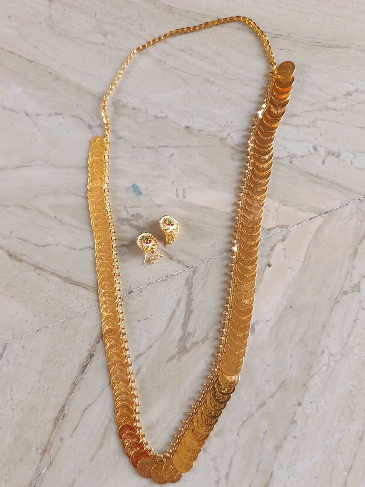 Laxmi Coins Long Necklace With Meena Work Earrings