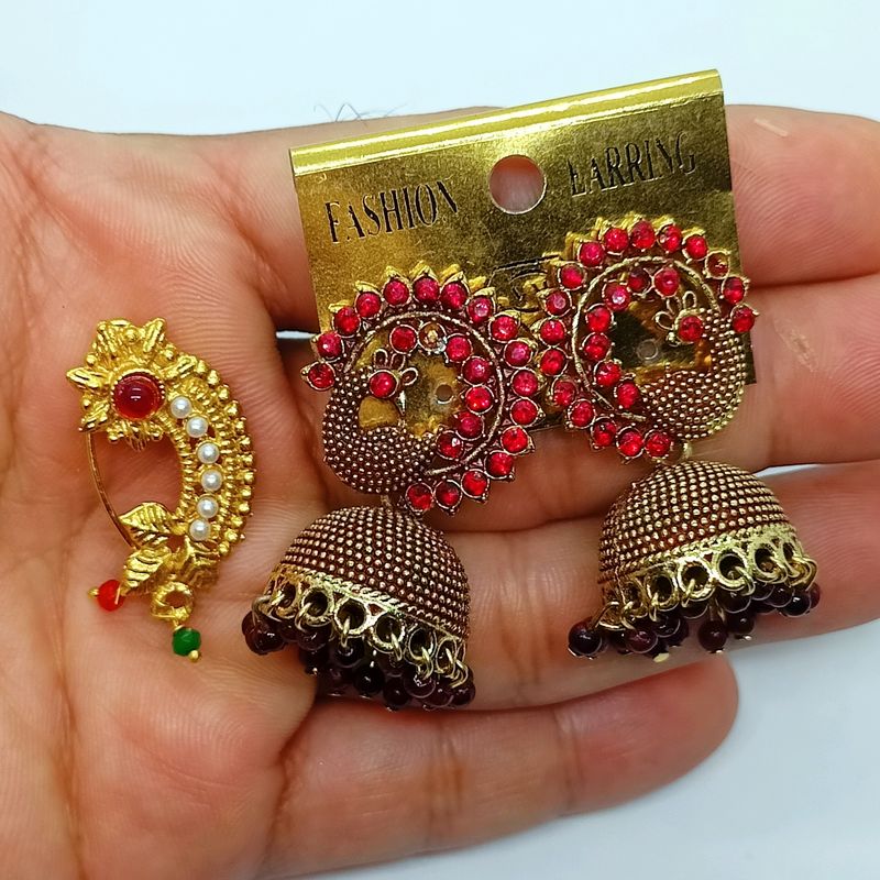 Combo Of Mor Earring & Press Nath Set 30rs OFF