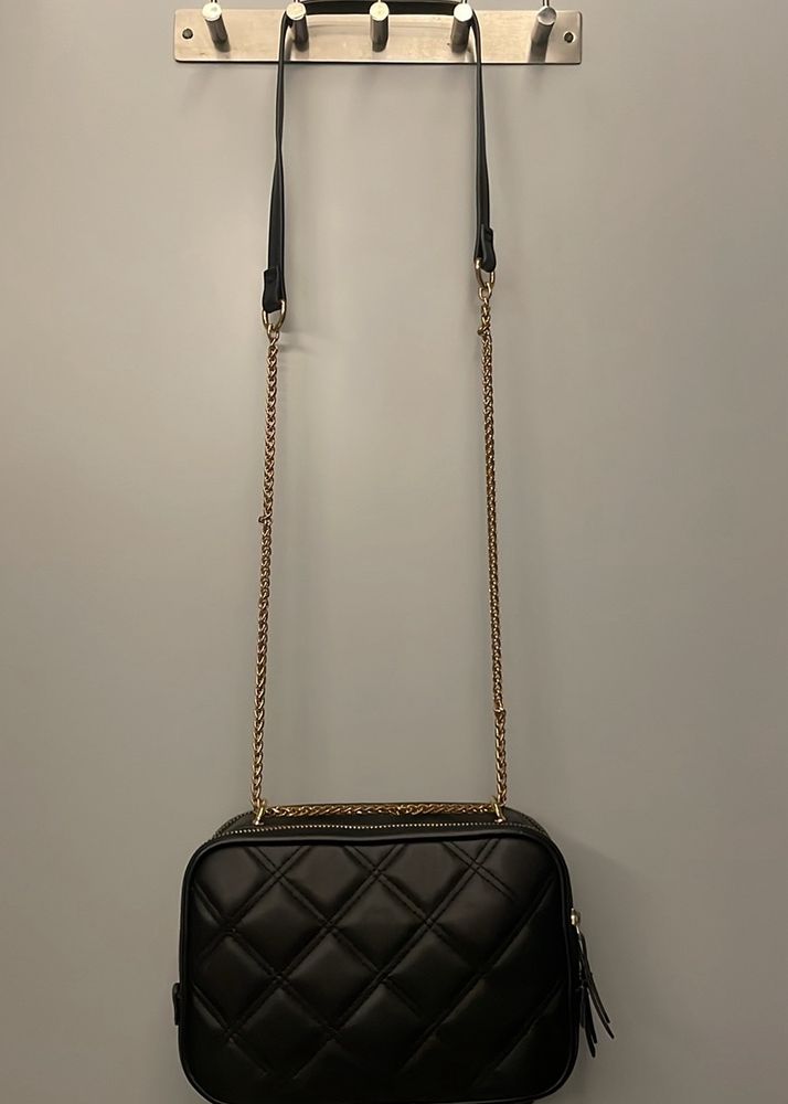 Two Way Black Sling Bag With Gold Details