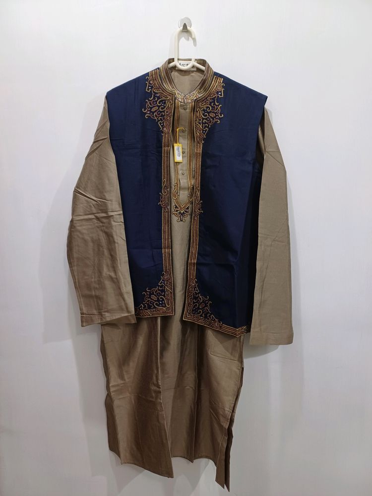 Jacket Kurta Chudidar Set (Blue/Brown)