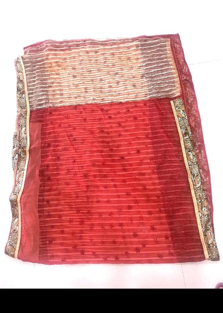 Red N Off White Saree