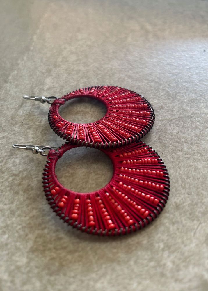 Red Earrings - Thread work