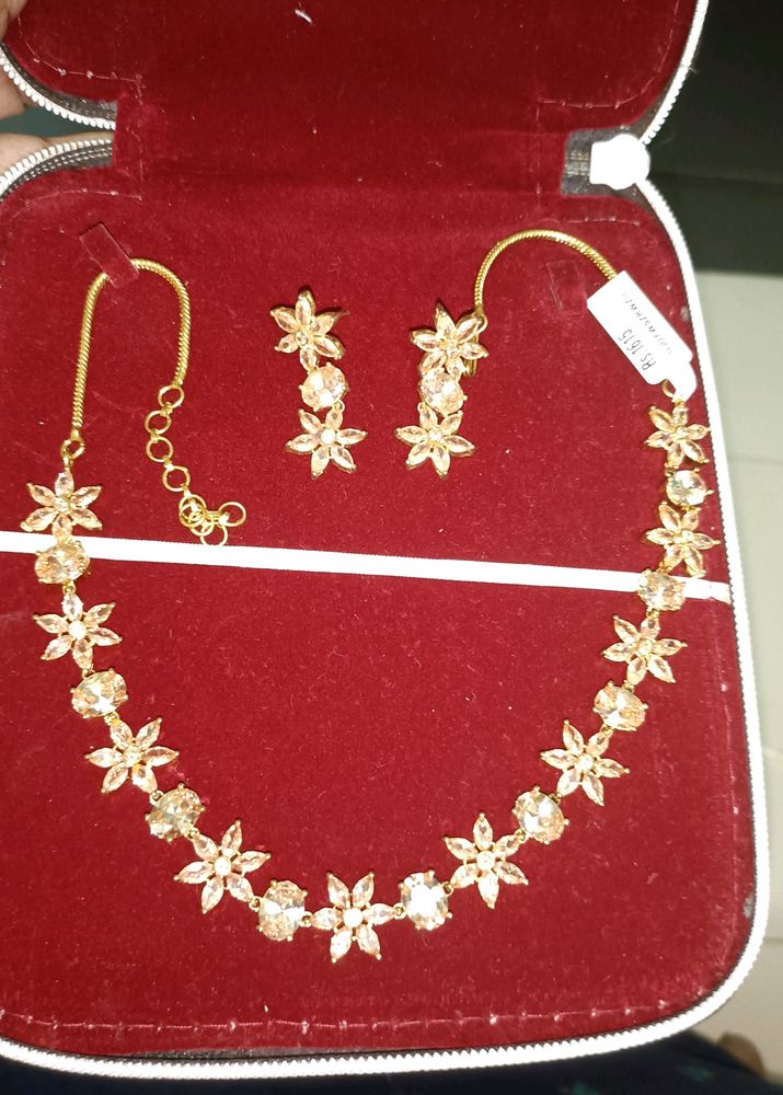 Golden Ad Stones Necklace With Earings