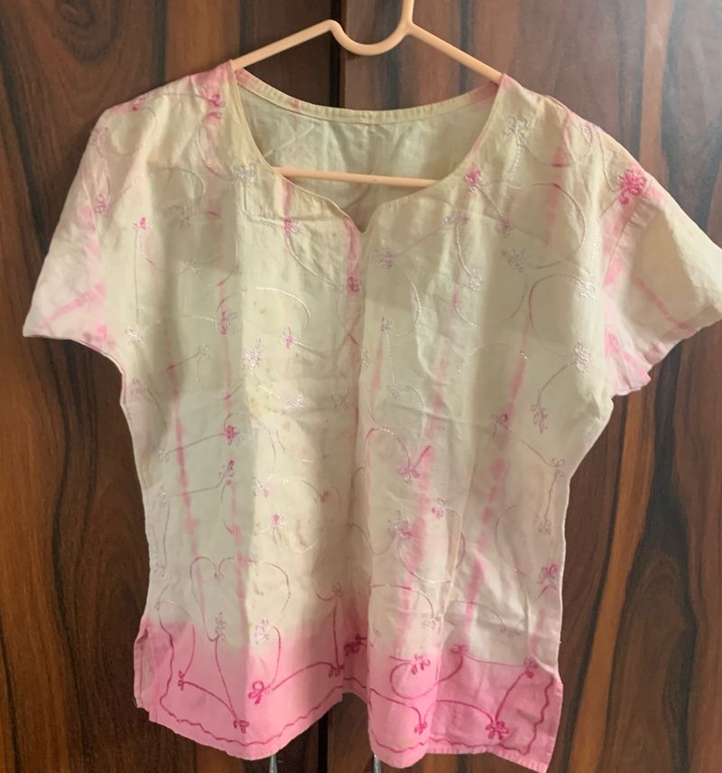 Pink And Cream Ombre Embroidered Top