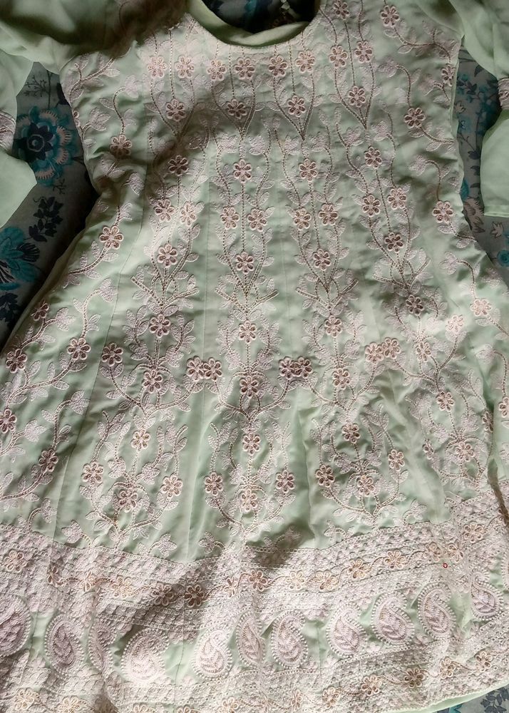 Pista Colour Chikankari Frock&Shrara