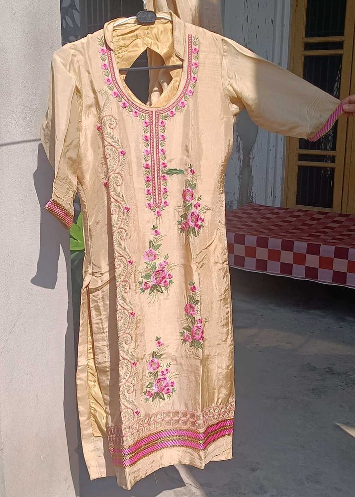 Golden Shiny Embrodied Kurti With Pants