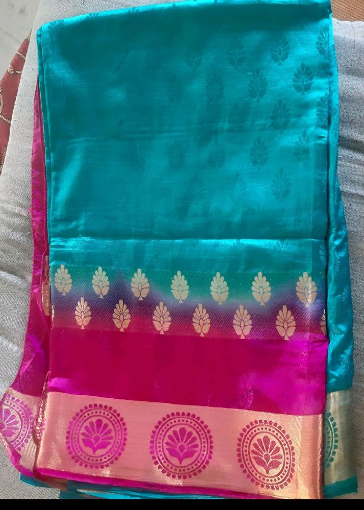 Pink, Blue Colour Saree With Pink Stitch Blouse