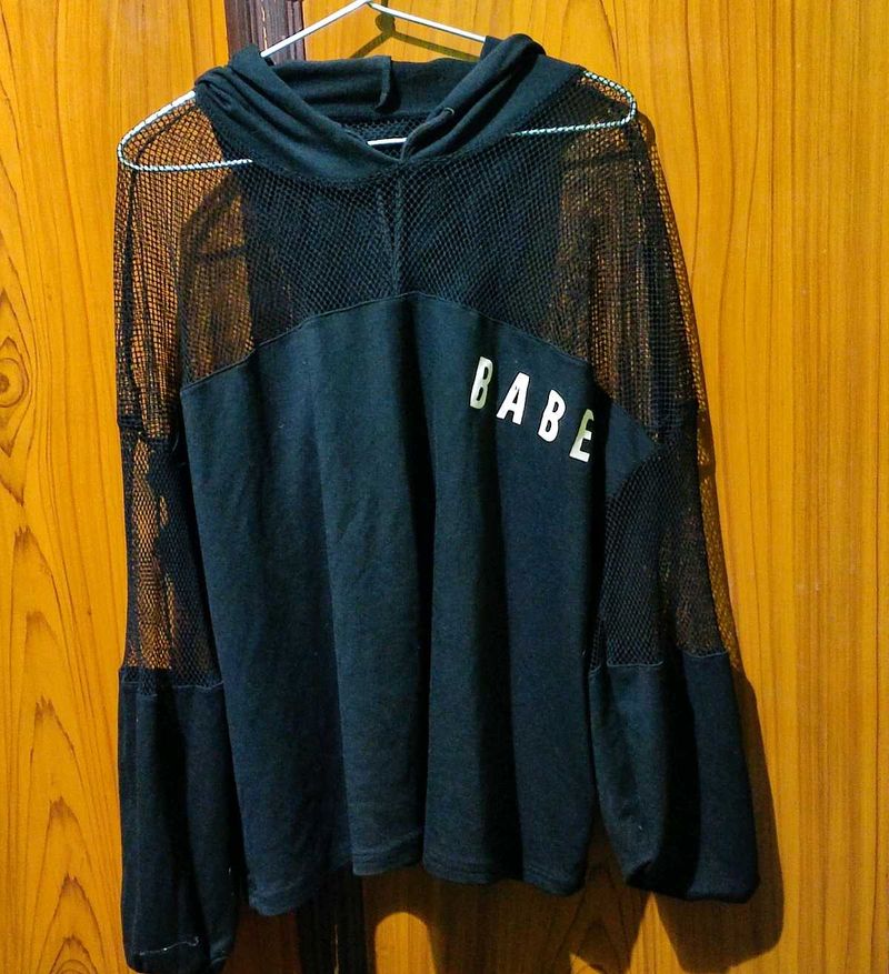 Black Mesh Design Hoodie