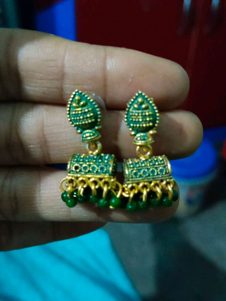 Dark Green And Golden Earrings