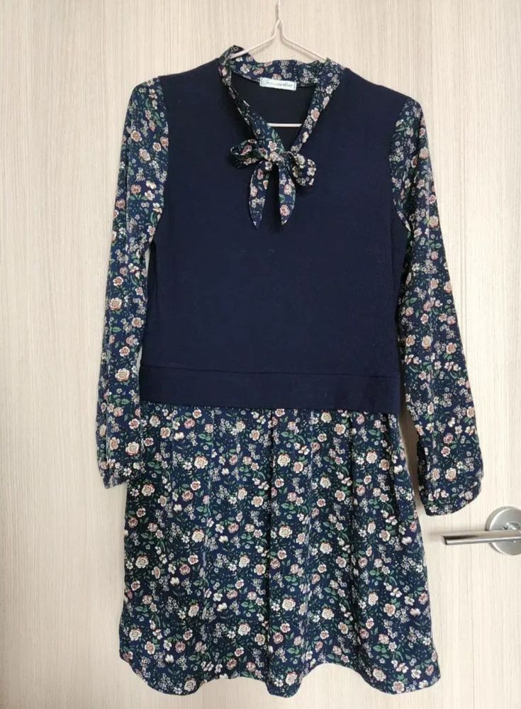 Navy Blue With Floral White And Green Dress