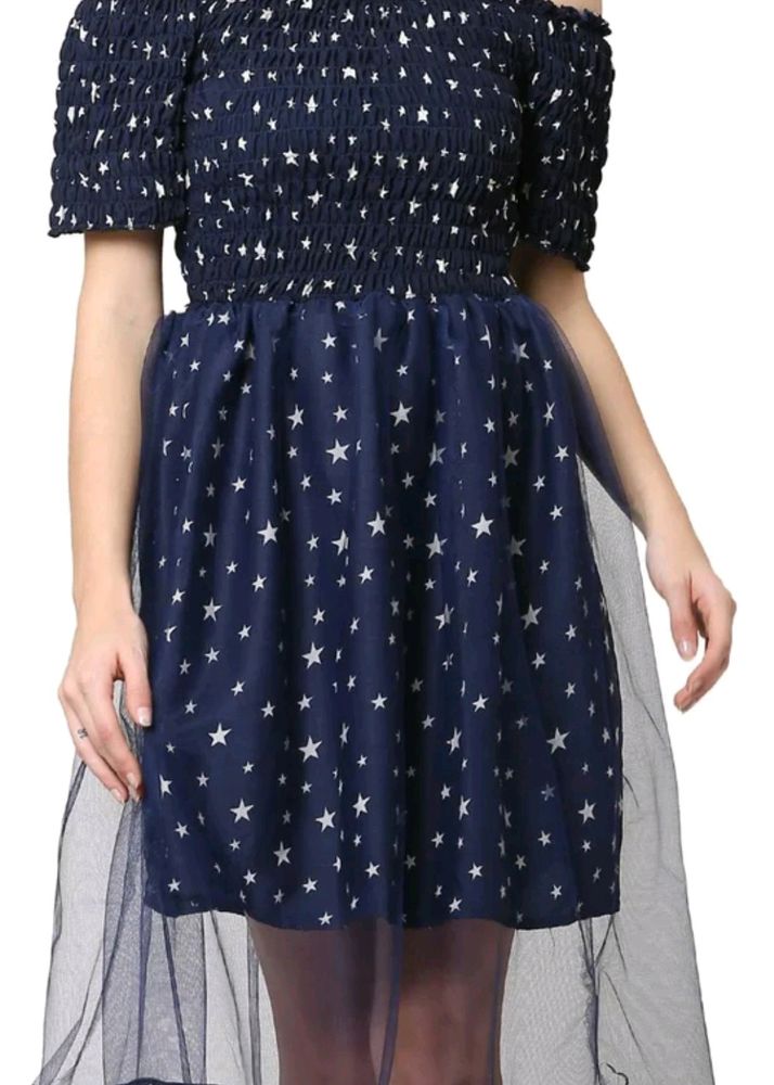 Star Printed Navy Blue Dress