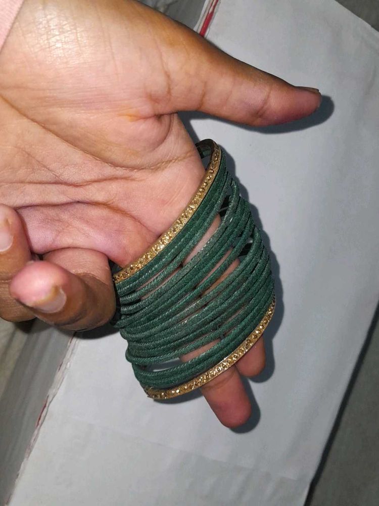 14 Pcs Of Velvet Green Bangles With 2 Kangans