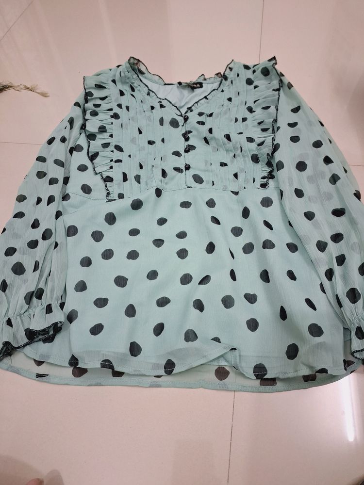 Polkadot Black And Light Green Top