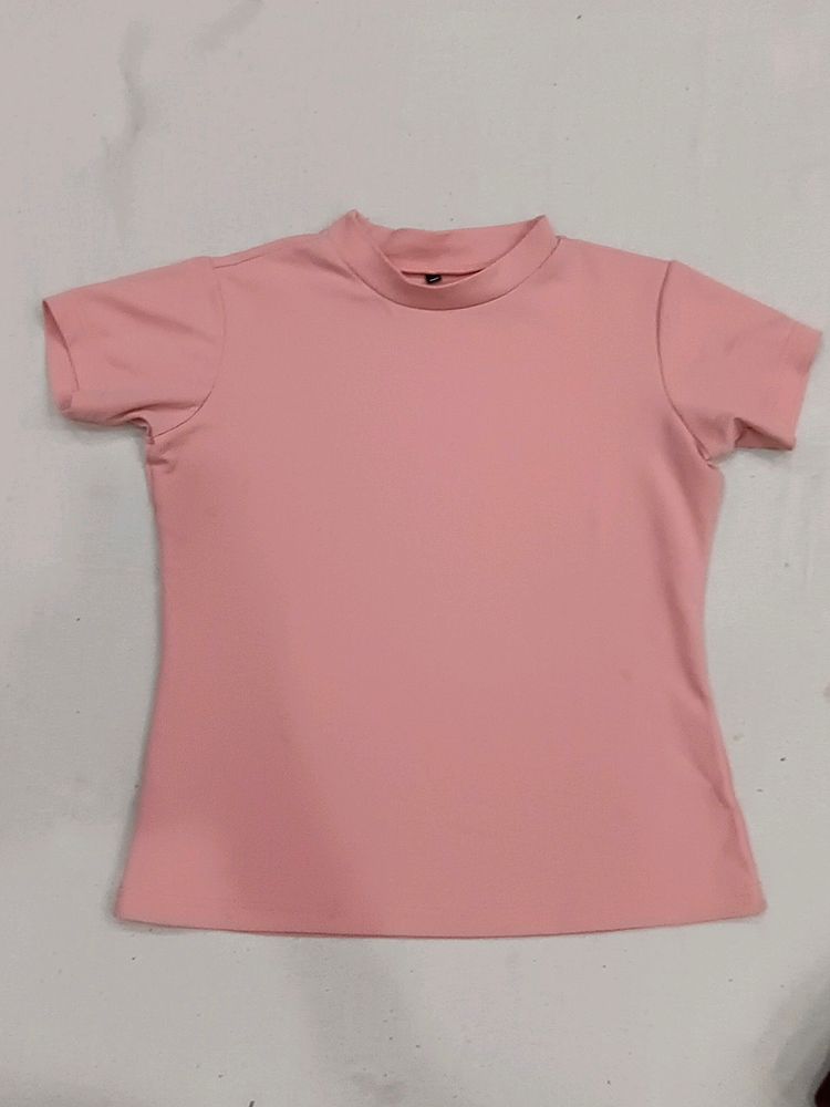 New T Shirt Peach Color For Womens Highneck