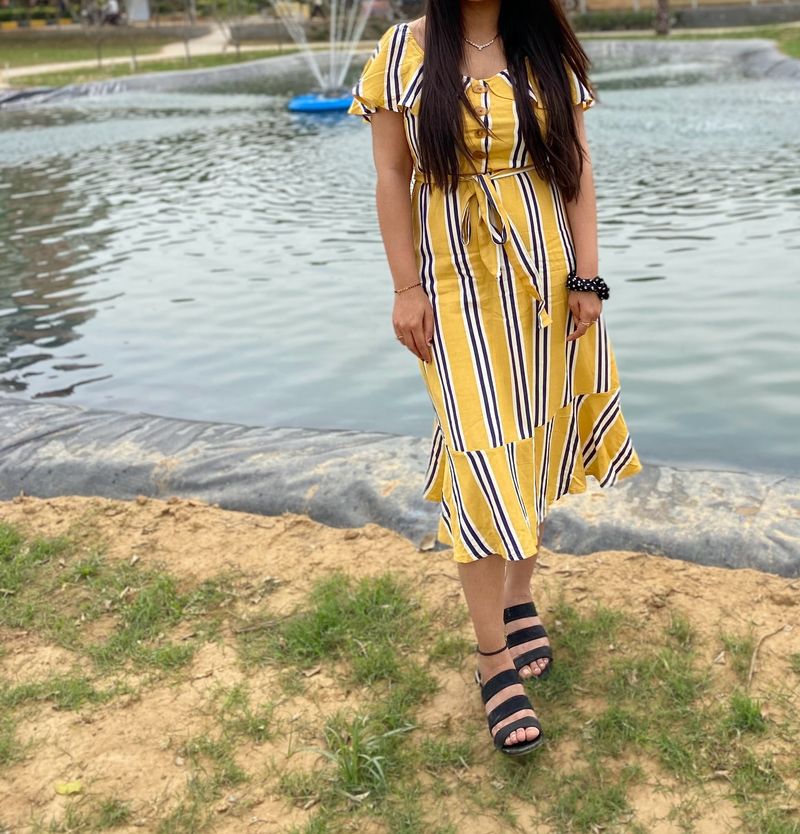 Yellow Stripe Dress With Belt