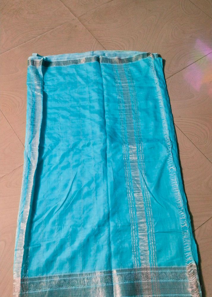 Cyan Colour Cotton Silk Saree