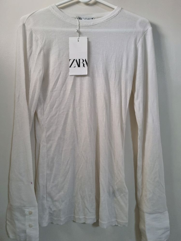 Zara White Sheer Top With Shirt Detailing