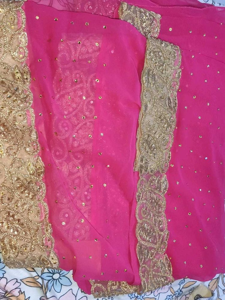 Pink Saree With Golden Bolder And Goldeen Dots