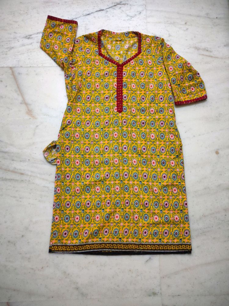 Yellow 5 Corner Shape Neck Kurta Set