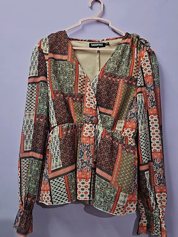 Brown And Orange Abstract Floral Printed Top