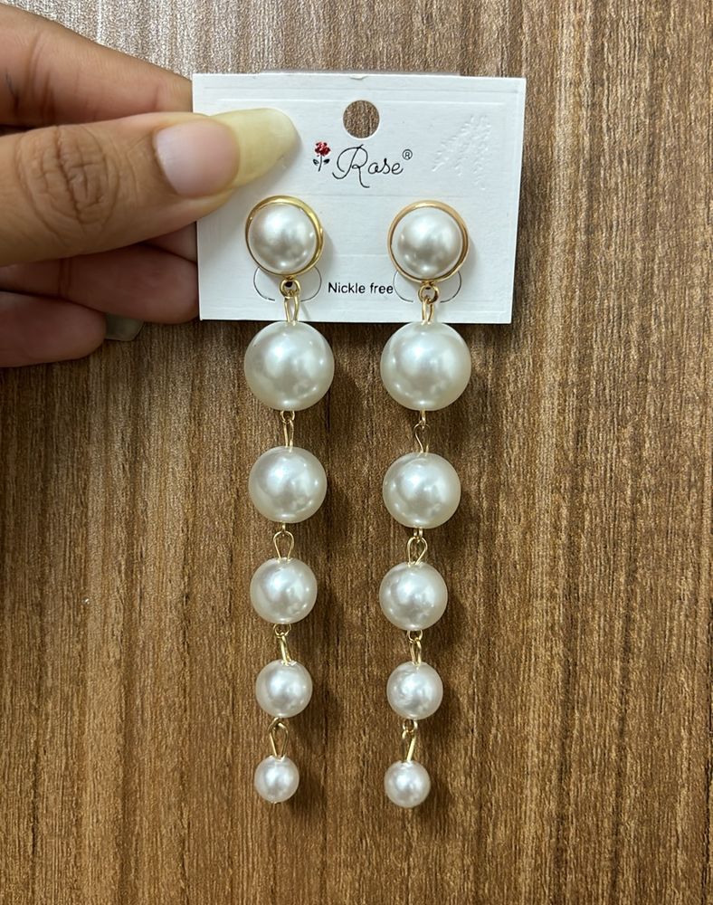 Pearl String Long Drop Earrings With Screw