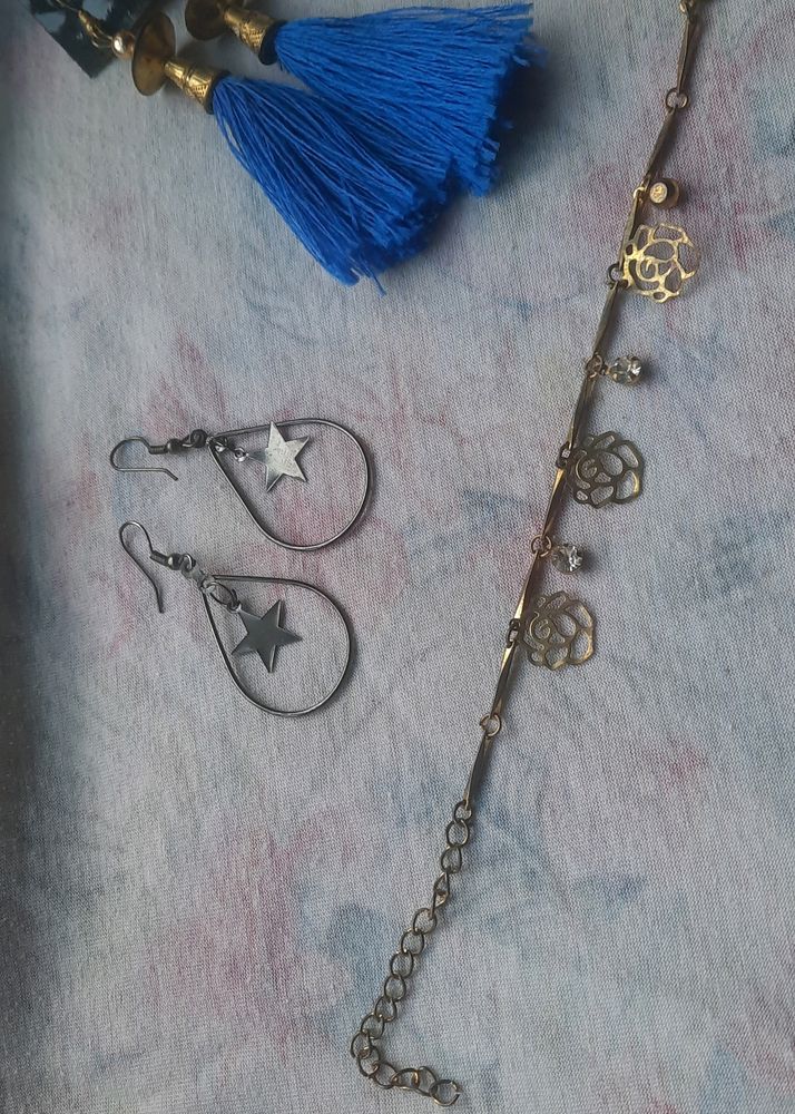 Blue Tassel And Star Metal Earrings