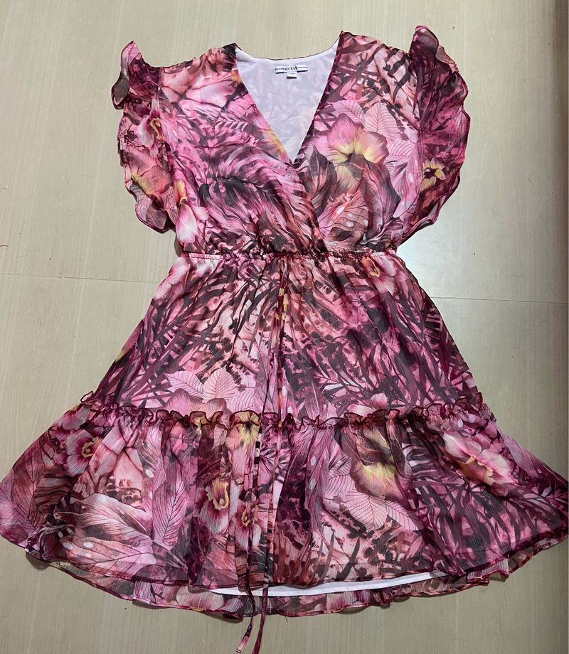 GUESS floral Printed V-neck Flutter Sleeves Dress