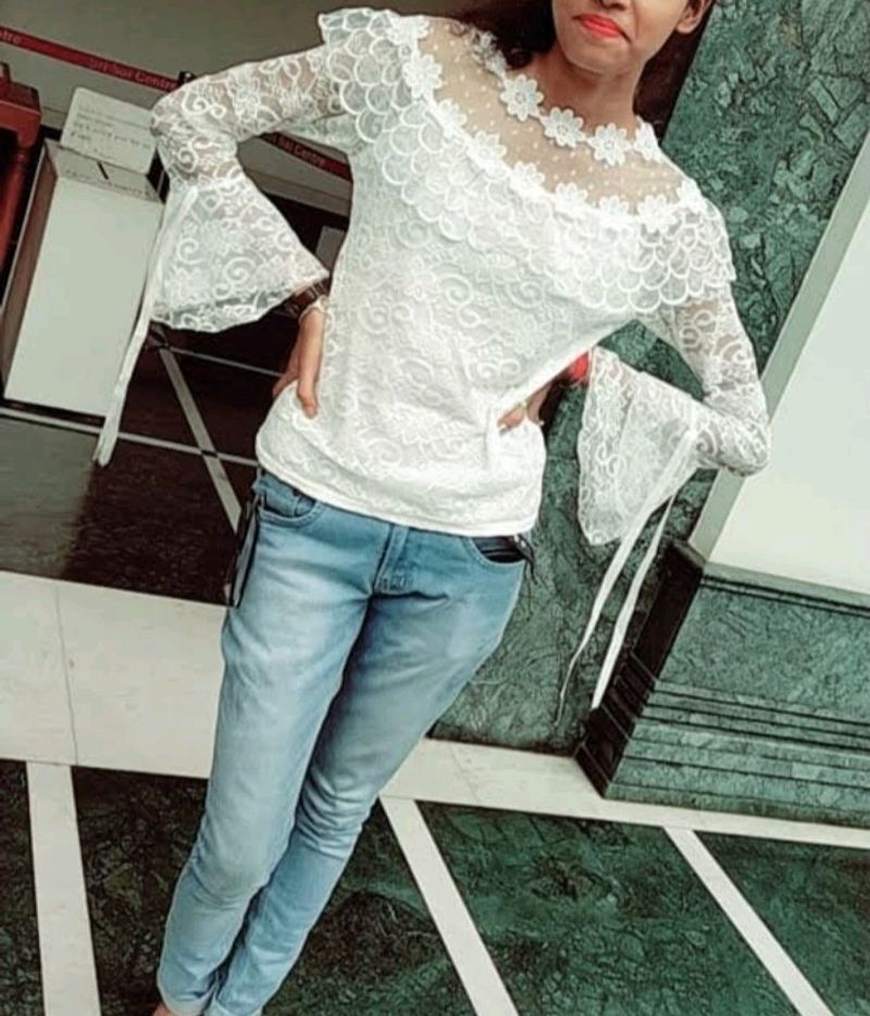 Net White Bell sleeve top (bust upto 36)