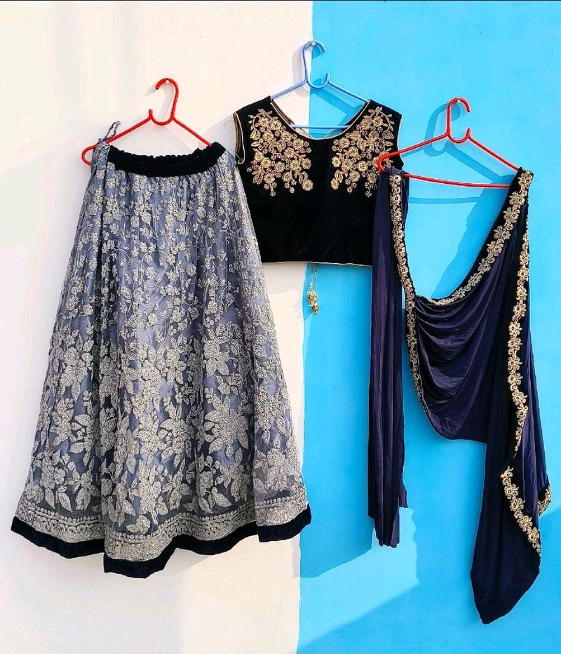 Heavy Party Wear Lahanga Grey And Navy Blue Colour