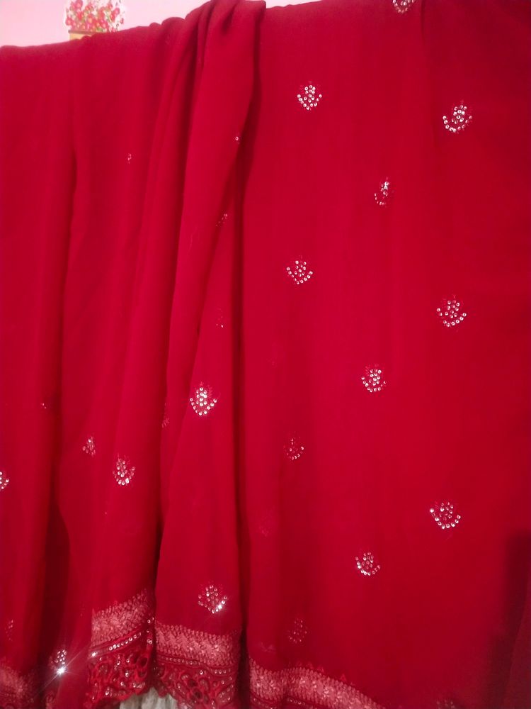 Wedding Wear Hot Red color saari with cutwork