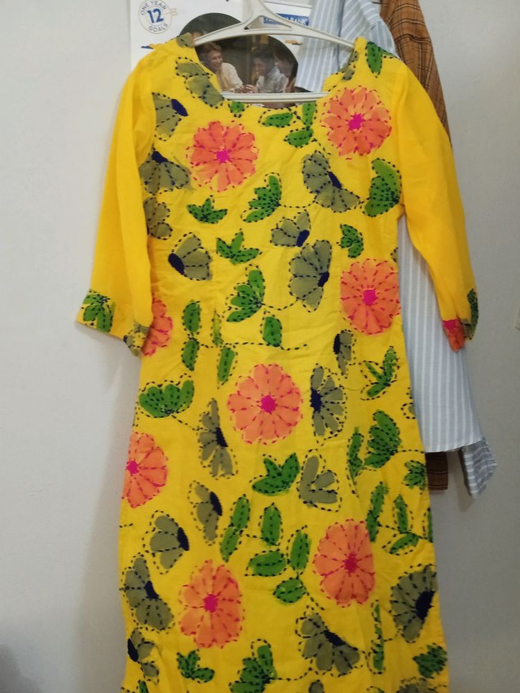 Yellow Fully Thread Worked New Kurtha