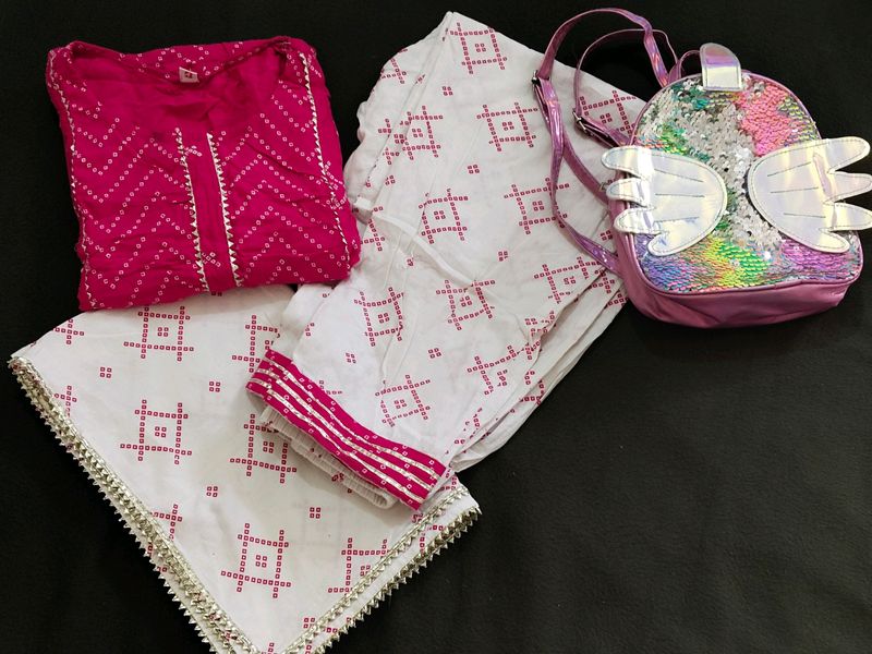 Pink Bandhej Print Kurta Set Size M