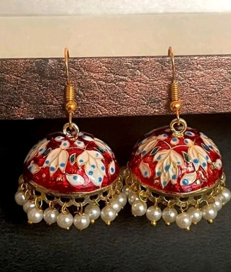 Brass Red Stone Jhumka ❤️🤍