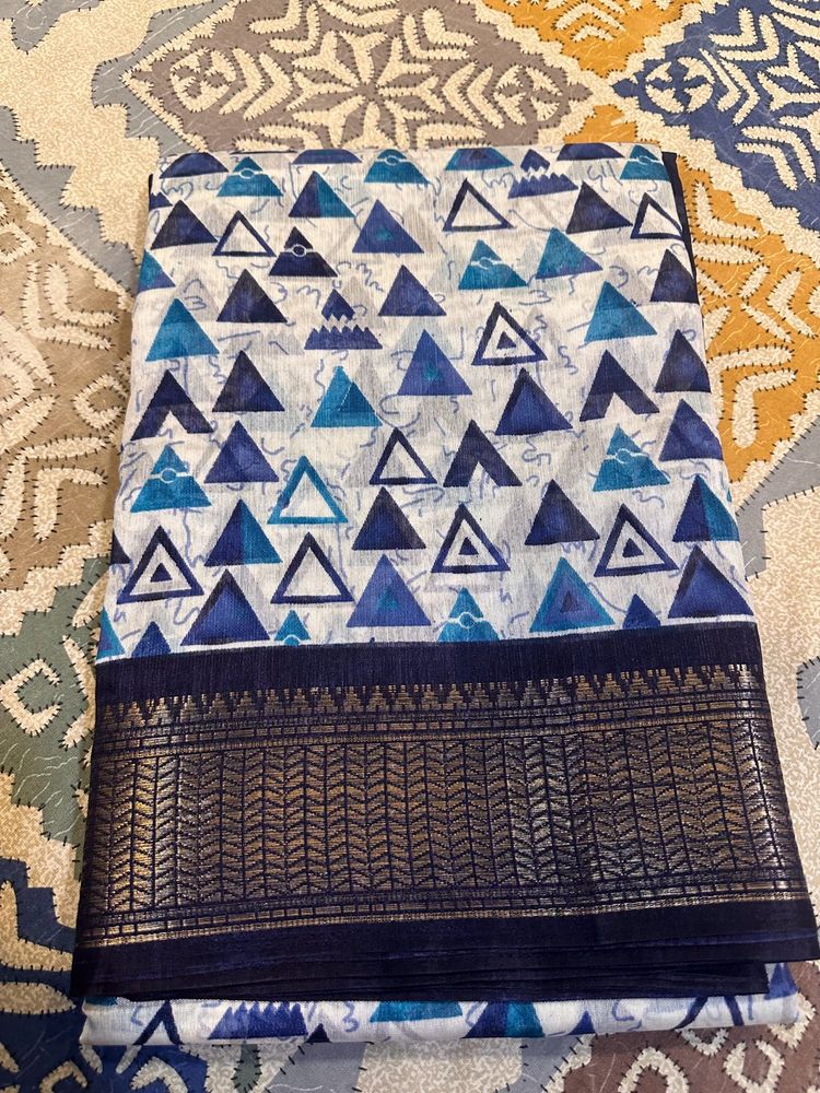 White Blue Triangle Saree